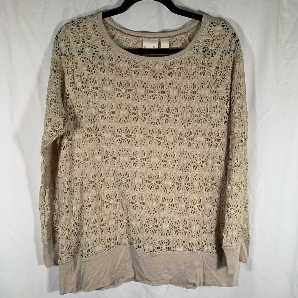 Chico’s Blouse Women’s Medium Beige Open Knit Long Sleeve Round Neck Top